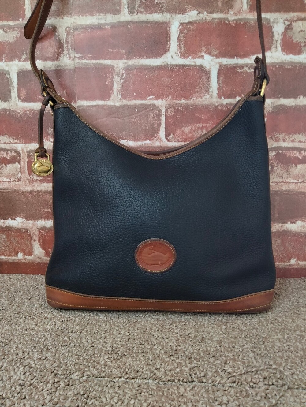 Dooney and Bourke Vintage Shoulder Bag Hobo All Weather Leather Blue Tan Purse